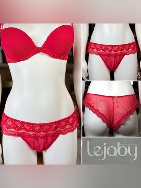 Lejaby Red Lace & Mesh Semi-Sheer Tanga Style Bikini Panty Underwear, Sz XL